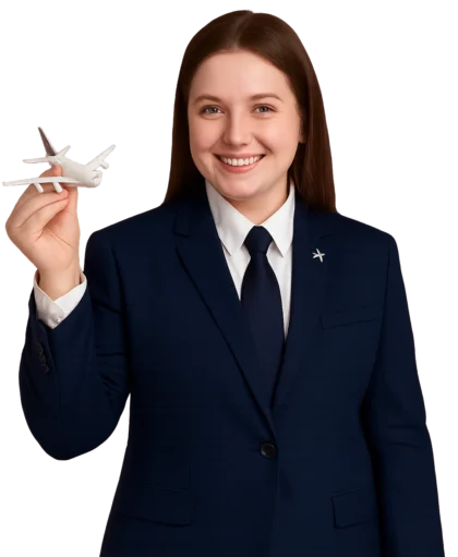 a woman in a suit holding a model airplane