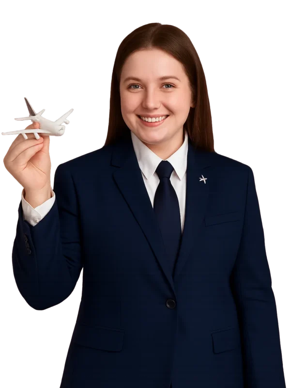a woman in a suit holding a model airplane