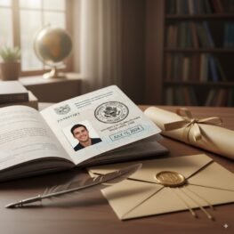 Close-up of a passport with an approved student visa stamp, with an official looking document beside it, symbolizing success and approval.