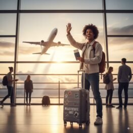 A happy student at the airport holding passport and suitcase, waving goodbye with an airplane taking off in the background, symbolizing new beginnings abroad.
